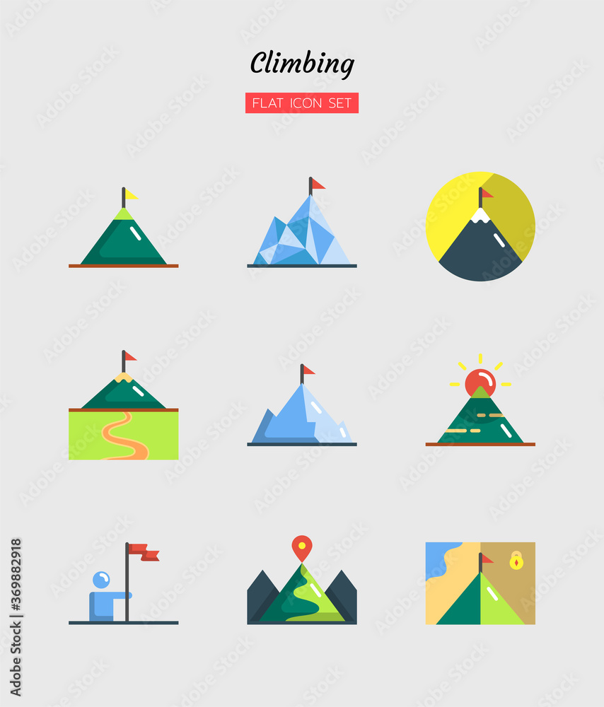 color flat icon symbol set, climbing, hiking, backpacking, activity, adventure, Isolated vector design