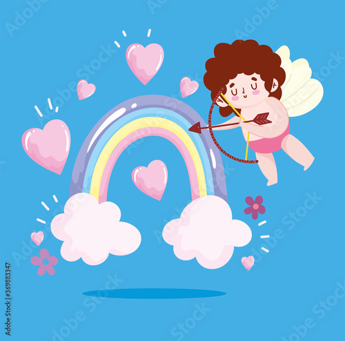 love cupid with bow and arrow rainbow hearts adorable romantic cartoon