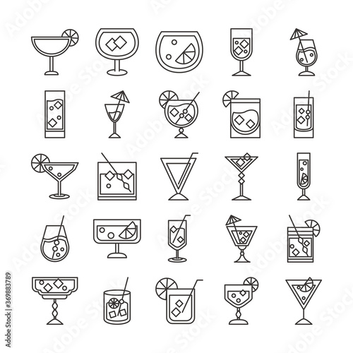 cocktail icon drink liquor refreshing alcohol glass cups berry fruits ice cubes umbrellas icons set