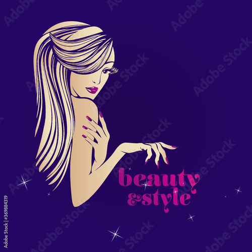 Woman with long, wavy hairstyle.Elegant makeup and manicure.Hair salon, nails art and beauty studio vector illustration.Hairdresser, cosmetics and spa logo.Beautiful young lady portrait.Cute face.