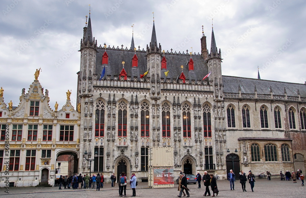 Facade of the Bruges Town Hall on Burg Square in Belgium