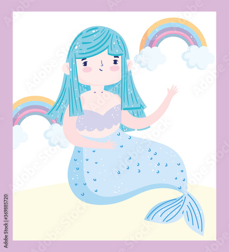 cute little mermaid blue hair rainbows clouds fantasy cartoon