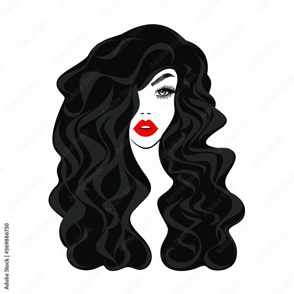 Beautiful sexy woman face, red lips, black hair style, fashion hairdresser,  element design, spa salon. Beauty Logo. Vector illustration. Stock Vector |  Adobe Stock