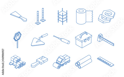 isometric repair construction work tool and equipment wheelbarrow spatula saw truck shovel flat style icons set