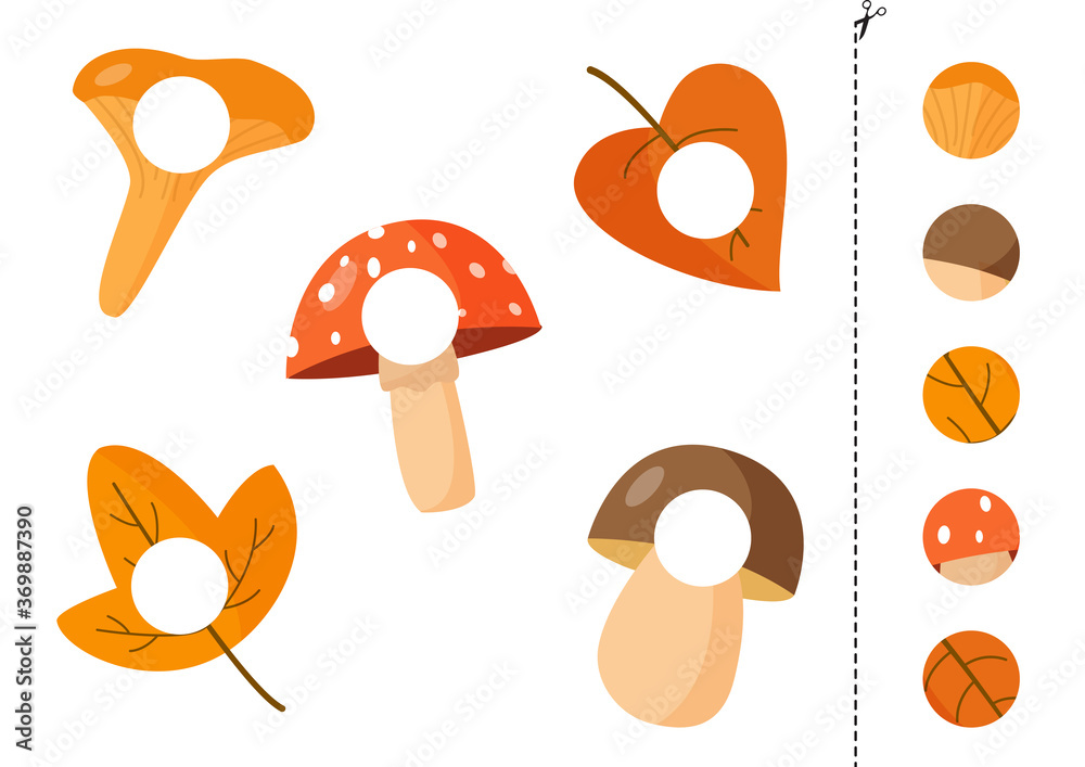 Find and glue parts of mushrooms and leaves. Find and glue parts of mushrooms and leaves.