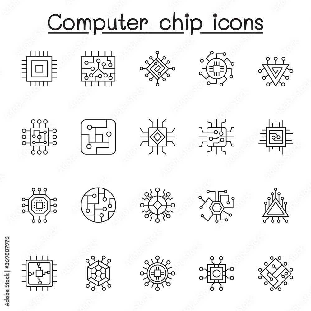 Set of Computer chip Related Vector Line Icons. Contains such Icons as circuit, mother board, electronic panel, cpu, processor and more Set of Computer chip Related Vector Line Icons. Contains such Icons as circuit, mother board, electronic panel, cpu, processor and more