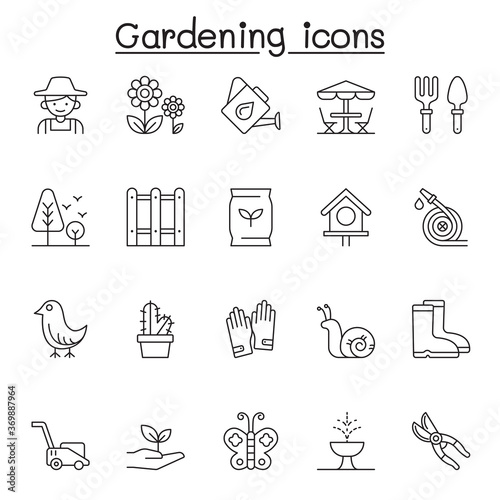 Set of Gardening Related Vector Line Icons. Contains such Icons as gardener  glove  lawnmower  plant  butterfly  fertilization  seeding  boot  shovel  watering can and more