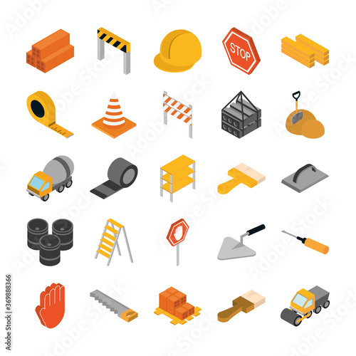 isometric repair construction work tool and equipment bricks barricade helmet brush shovel saw truck flat style icons set