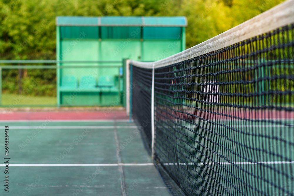 Close up of a tennis court with net. Background of green ivy wall. Selective focus. Low DOF. 