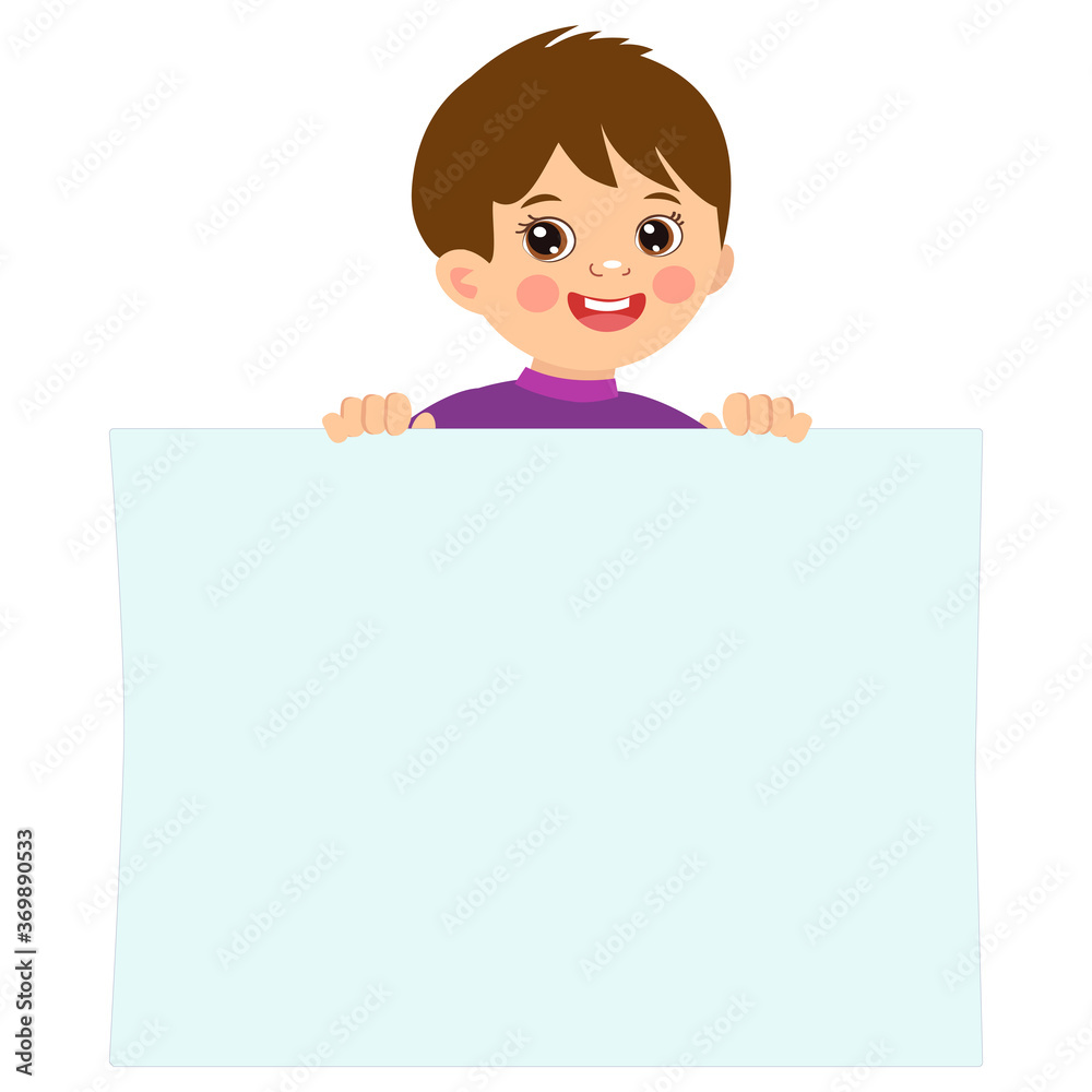 Cartoon boy holding empty blank board with space for text vector illustration. Happy kid holding white horizontal board. Cartoon boy holding empty blank board with space for text vector illustration. Happy kid holding white horizontal board.