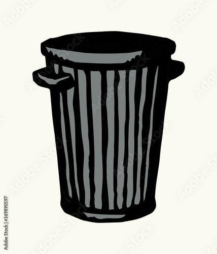 Iron trash can isolated on white. Black ink hand drawn sign