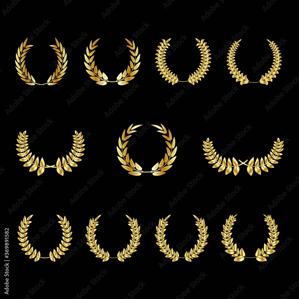 Set of gold award laurel wreaths and branches on dark background, vector illustration depicting an award, achievement, heraldy, design decoation of winning awards. Set of gold award laurel wreaths and branches on dark background, vector illustration depicting an award, achievement, heraldy, design decoation of winning awards.