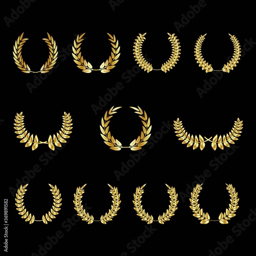 Set of gold award laurel wreaths and branches on dark background, vector illustration depicting an award, achievement, heraldy, design decoation of winning awards.