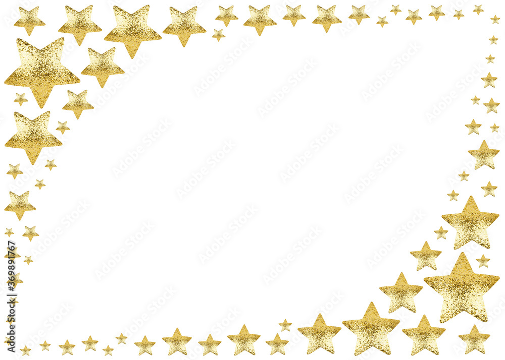 Golden star frame on white background isolated, corner border made of shiny gold stars, Christmas greeting card template, holidays backdrop, starry pattern, empty festive invitation design, copy space