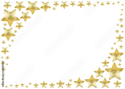Golden star frame on white background isolated  corner border made of shiny gold stars  Christmas greeting card template  holidays backdrop  starry pattern  empty festive invitation design  copy space