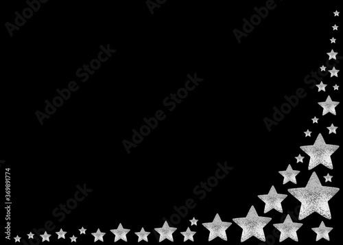 Fototapeta Naklejka Na Ścianę i Meble -  Silver stars frame on black background isolated, corner border made of shiny stars, Christmas greeting card template, holidays art backdrop, starry pattern, empty festive invitation design, copy space