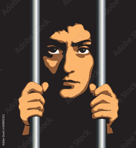 A man in prison behind bars. Vector drawing