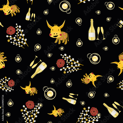 Vector Chinese new year of the ox seamless pattern background. Backdrop of cute gold kawaii bull, champagne bottles, glasses, bubbles, pussy willow and paper cut out peonies. Calendar symbol of 2021.