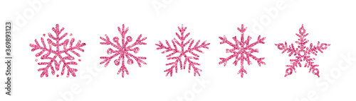 Rose Gold glitter texture snowflake hand drawn icons set on white background. Shiny Christmas, New year and winter sparkling pink symbols for web, print, decoration, greeting card. Vector Illustration