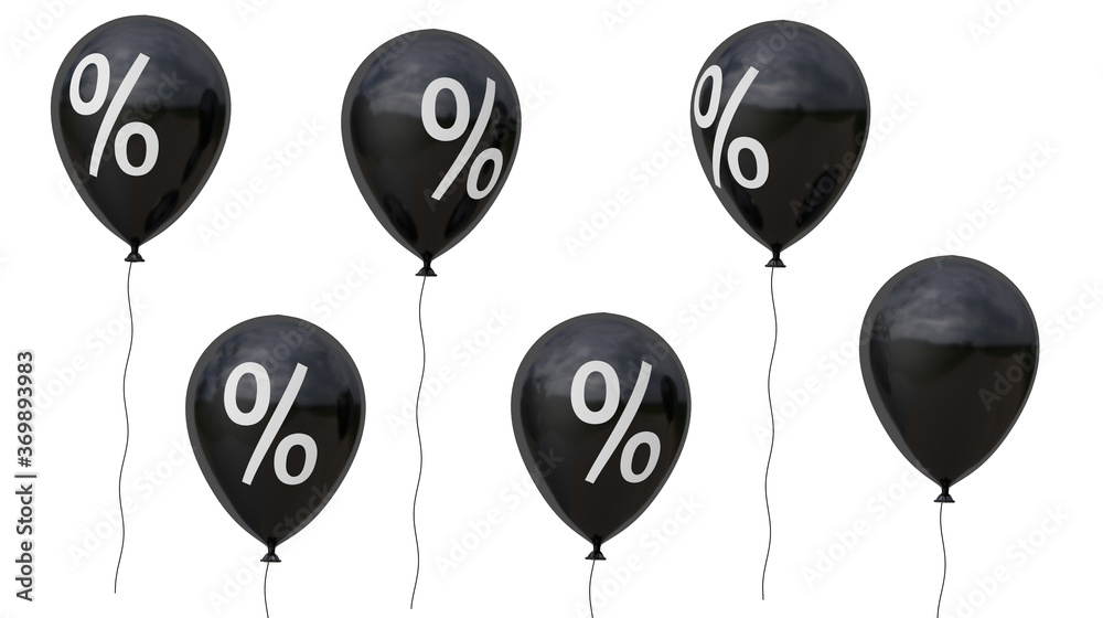 Black Friday. Black balloons and percent symbol. isolated on white background. 3d render - obrazy, fototapety, plakaty 