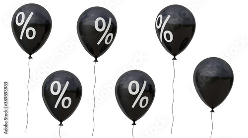 Black Friday. Black balloons and percent symbol. isolated on white background. 3d render