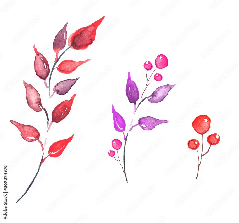 Watercolor drawing - a branch with a berry and leaves. Autumn leaf. A branch of lingonberry, viburnum, mountain ash. decorative element for your design. Watercolor logo. red berries. isolated 