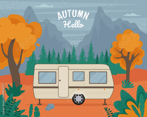 Travel Trailer in autumn. Vector illustration in flat style