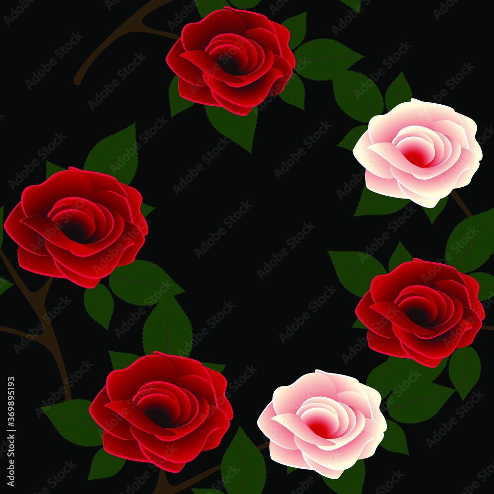 Seamless pattern, roses with green leaves on a black background.
