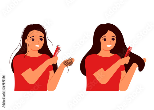 Girl combs her hair, hair on comb, fall. Hair loss, baldness, fragility, alopecia concept. Hair before and after. Woman s thin hair is associated with problem, stress, hormones, nutrition. Vector