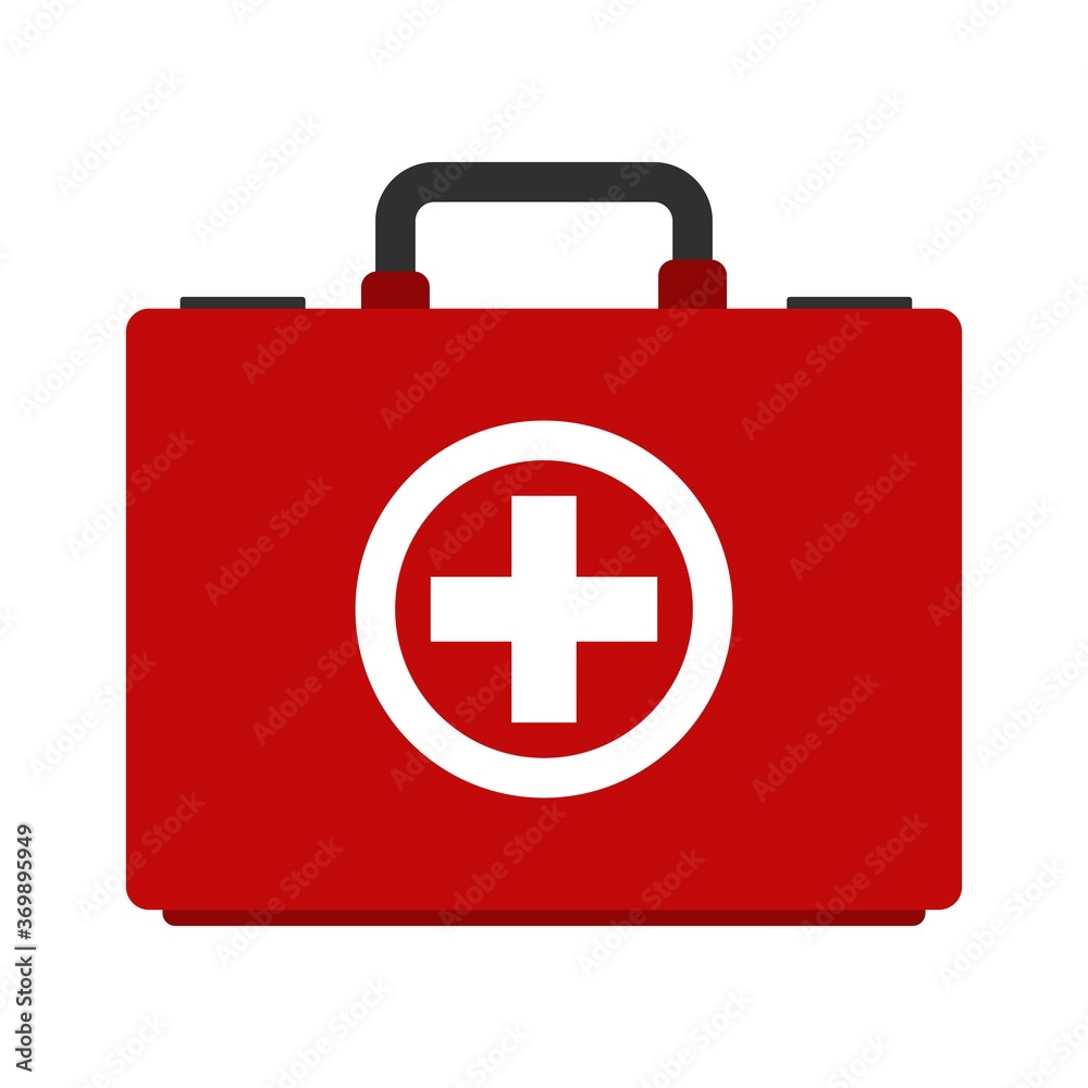Red first aid kit isolated on white background. Health, help and medical diagnostics concept. Vector illustration Red first aid kit isolated on white background. Health, help and medical diagnostics concept. Vector illustration