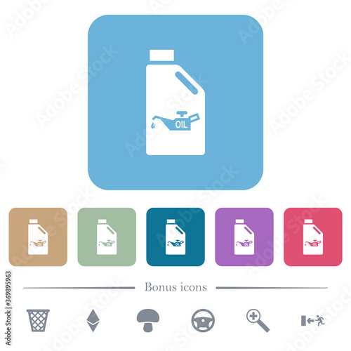Oil canister with oiler flat icons on color rounded square backgrounds