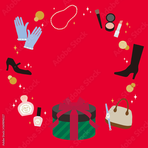 クリスマスのショッピングフレーム 赤背景 文字なし