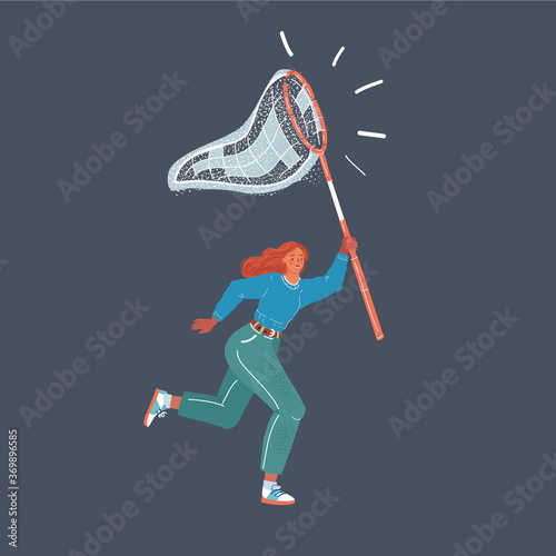 Vector illustration of woman with Butterfly Net Ready to Hunt Something. Human characteer on dark backround. © iracosma