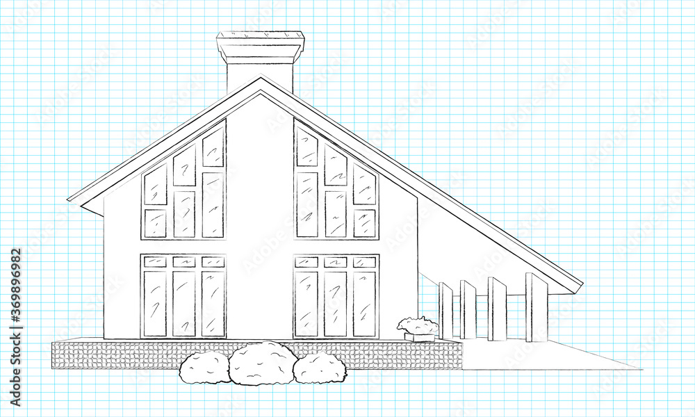 Linear pencil sketch of the facade of the house. White silhouette of a cottage-type house. Isolated. Vector