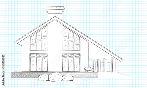 Linear pencil sketch of the facade of the house. White silhouette of a cottage-type house. Isolated. Vector