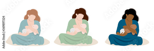 Set breastfeeding illustrations, mother feeding a baby. Concept vector illustration in cartoon style. Isolated on white background.	