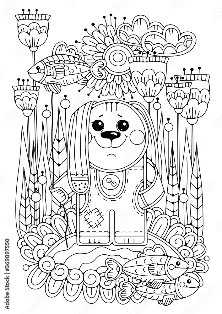 Coloring page for children and adults. A cute cartoon hare stands in a flower meadow next to a pond and holds a balloon in the form of a fish. Two more fish are swimming in the pond. In the background
