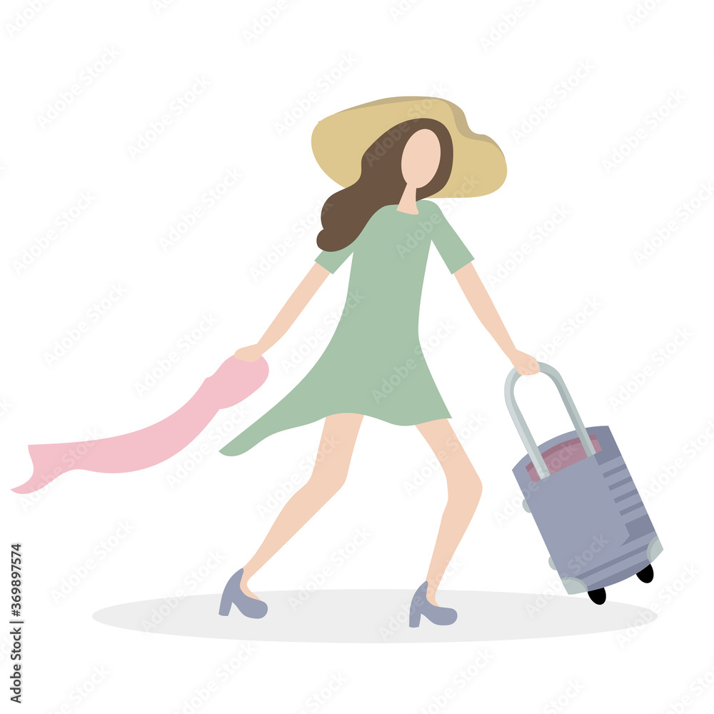 Elegant girl with a suitcase goes on a journey, towards adventure. she runs to the airport or train station, in a hurry. She wears a beautiful dress, high heels shoes and a big straw hat. flat style Elegant girl with a suitcase goes on a journey, towards adventure. she runs to the airport or train station, in a hurry. She wears a beautiful dress, high heels shoes and a big straw hat. flat style