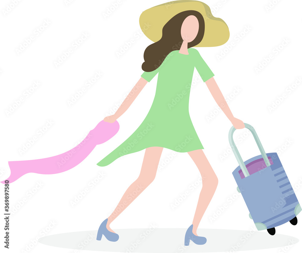 Elegant girl with a suitcase goes on a journey, towards adventure. she runs to the airport or train station, in a hurry. She wears a beautiful dress, high heels shoes and a big straw hat. flat style Elegant girl with a suitcase goes on a journey, towards adventure. she runs to the airport or train station, in a hurry. She wears a beautiful dress, high heels shoes and a big straw hat. flat style