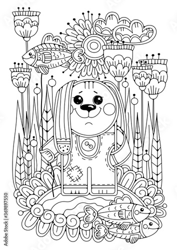 Coloring page for children and adults. A cute cartoon hare stands in a flower meadow next to a pond and holds a balloon in the form of a fish. Two more fish are swimming in the pond. In the background