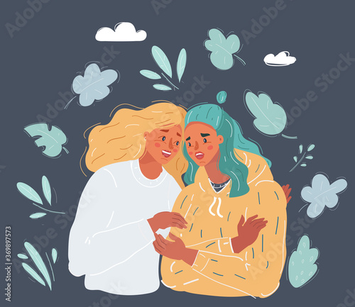 Vector illustration of woman comforting crying friend with warm hug on dark background.