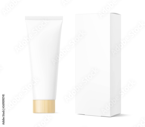 Blank tube with wooden cap and cardboard box. Mockup for your design. Vector illustration isolated on white background. Сan be used for healthcare, medical and other needs. EPS10.	