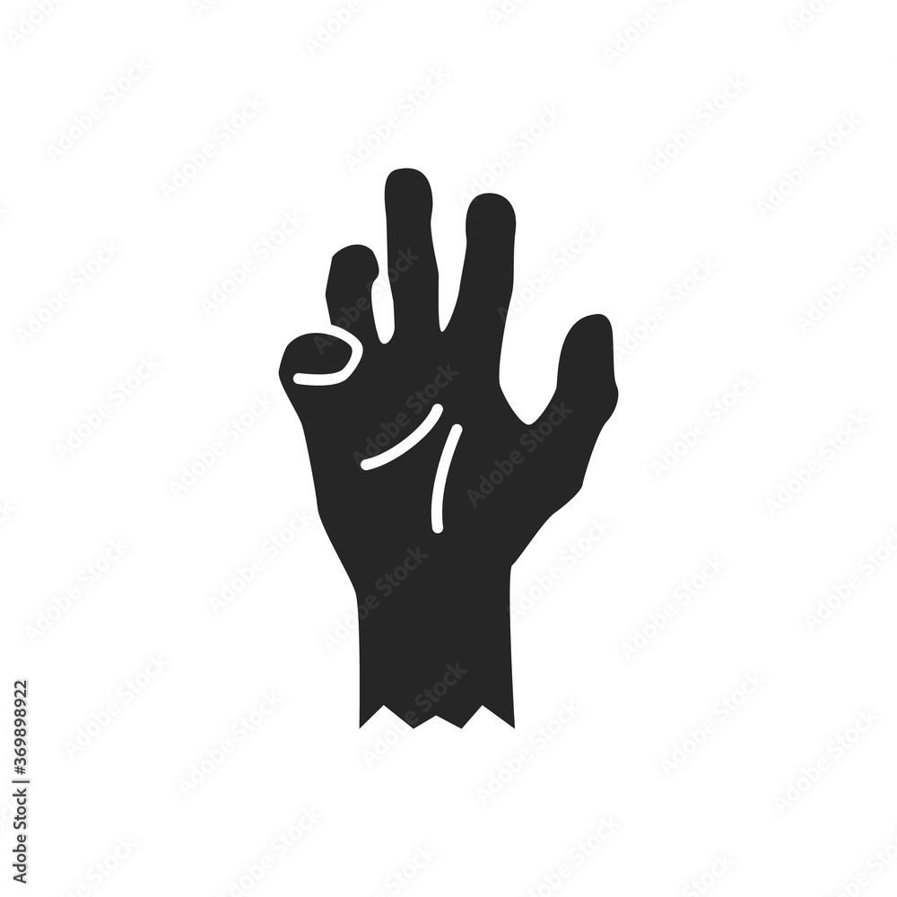 Isolated black silhouette of a zombie hand on a white background. Vector flat illustration.