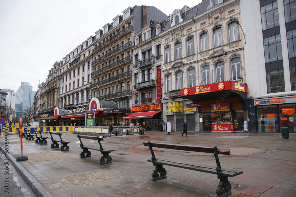 Historic city center, the heart of Brussels - Place de Brouckere. The location of the famous Metropol Hotel. Beautiful old buildings in front of the Metropol Hotel.