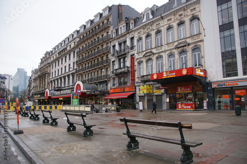 Historic city center, the heart of Brussels - Place de Brouckere. The location of the famous Metropol Hotel. Beautiful old buildings in front of the Metropol Hotel. © otmman