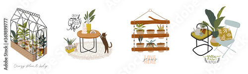 Trendy Scandinavian Urban Greenery at Home Jungle Interior with home decorations. Cozy Home Garden furnished in Hygge style. Crazy Plant Lady illustration. Isolated Vector