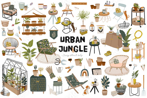Trendy Scandinavian Urban Greenery at Home Jungle Interior with home decorations. Cozy Home Garden furnished in Hygge style. Crazy Plant Lady illustration. Isolated Vector