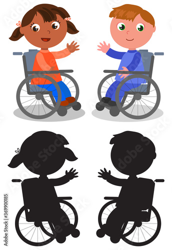 Smiling children on wheelchair and silhouettes, vector illustration