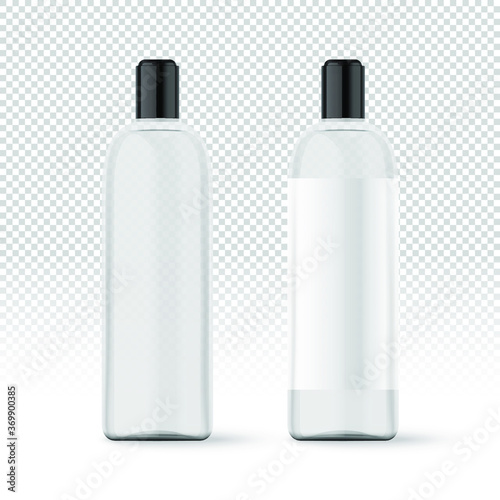 Realistic white transparent cosmetic bottles with label. Cosmetic containers and tubes for cream, shampoo, gel, balsam, conditioner, soap, ointment, toothpaste, lotion etc. Vector Illustration