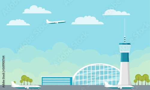 The airport. Airport building with control tower, terminal and airstrip. Vector, cartoon illustration.